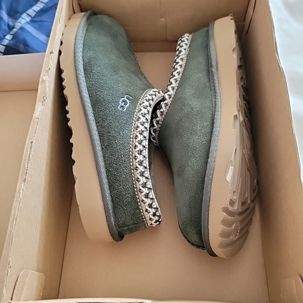 TASMAN UGG Forest Green Suede Slippers with Geometric Trim